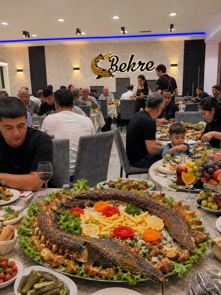 Grilled Caspian sturgeon platter with salads at Bekre restaurant