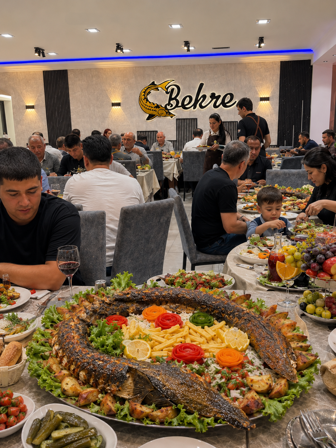 Grilled Caspian sturgeon platter with salads at Bekre restaurant